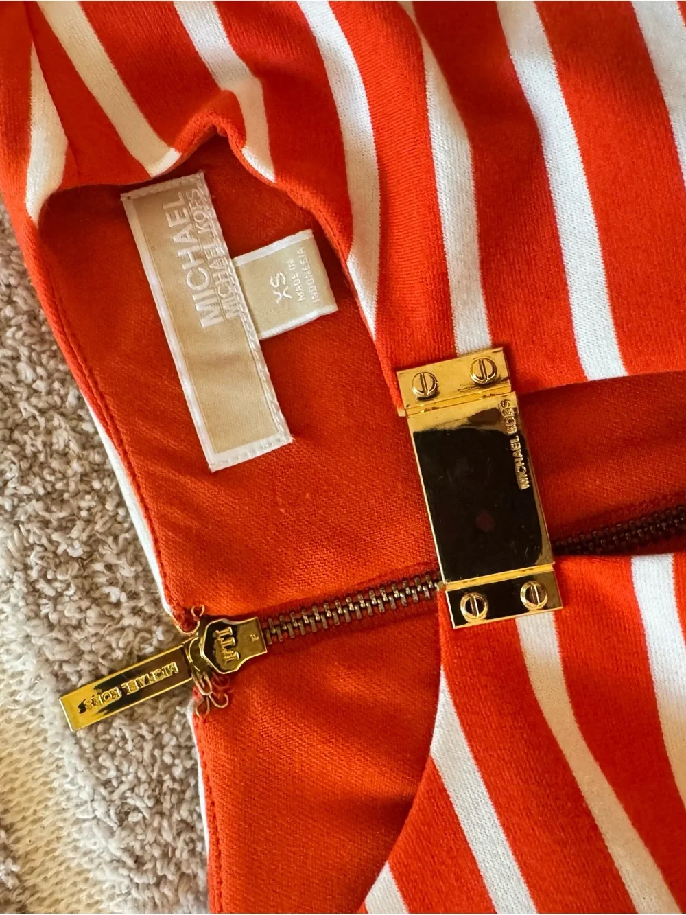 Michael Kors Orange and White Striped Dress with Gold Hardware